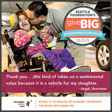 Angel, Assistive Technology Borrower, kissing his daughter next to the modified vehicle he purchased: "Thank you. . .this kind of takes on a sentimental value because it is a vehicle for my daughter."
