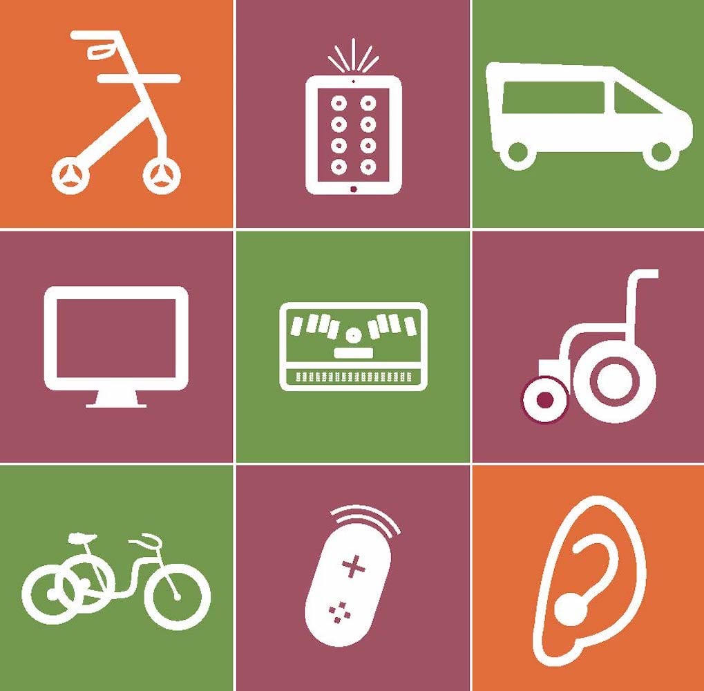 Image with 9 icons representing AT: Walker, Tablet, Adapted Van, Computer, Braille Device, Wheelchair, Recumbent Bike, Health Sensor, Hearing Aid