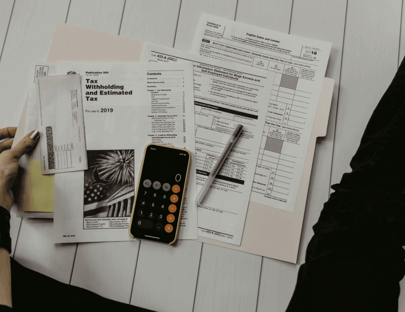 Tax documents and a calculator